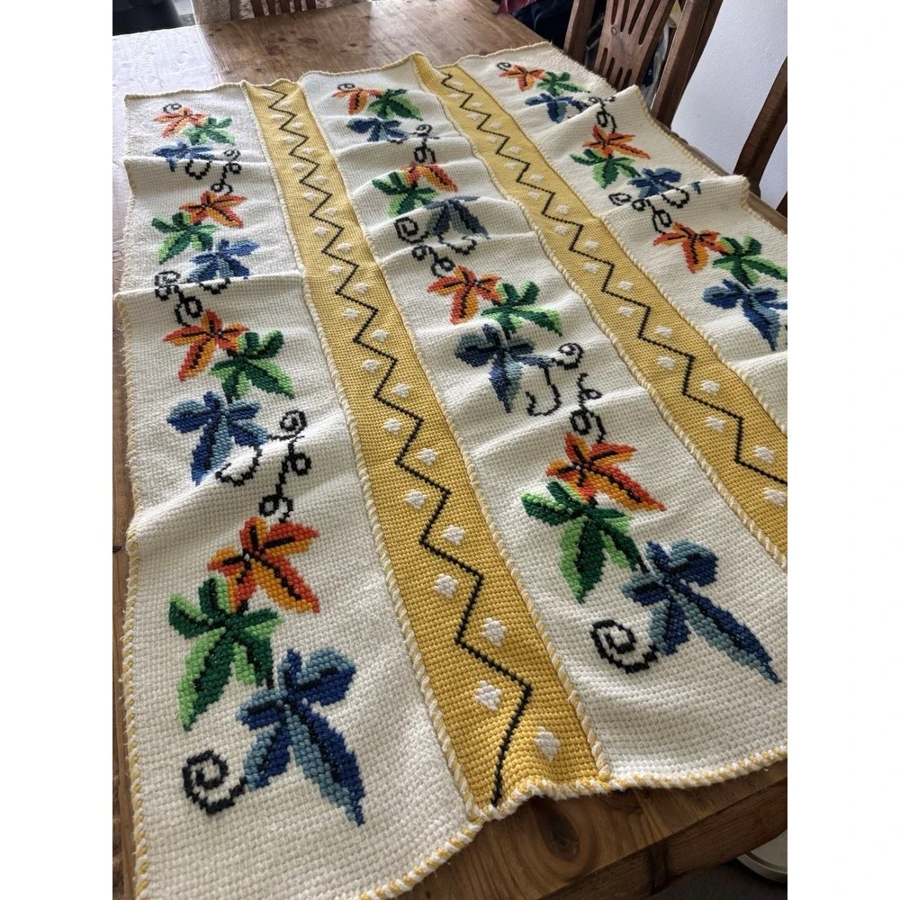 Vintage Hand Needlepoint Floral Afghan Cottagecore Farmhouse Wall Art 42x62